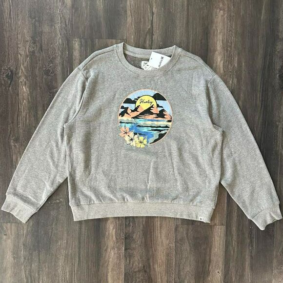 NWT Hurley Graphic Sweater May Girlfriend Crewneck Fleece Pullover Gray Medium - Picture 2 of 7